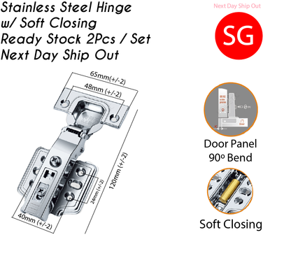 Stainless Steel Hinge with soft closing feature, shown with dimensions and product details on a white background.
