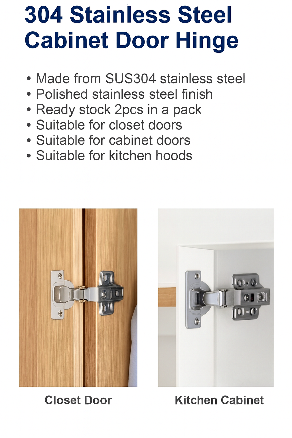304 Stainless Steel Cabinet Door Hinge with product details and examples of use on a white background.