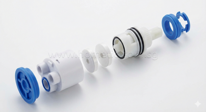Internal exploded view of a 40mm Ceramic Disc Cartridge replacement valve for bathroom shower mixer taps - Hometic Singapore