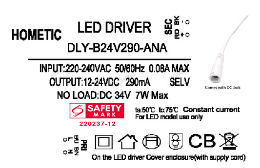 PSB approved Safety Mark Led Driver 4-7W 8-12W 12-18w 18-24W 280mA 290mA 300mA Constant Current