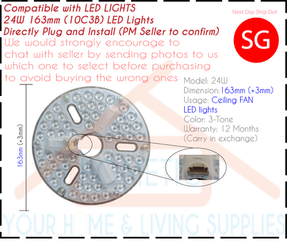 A circular LED light replacement module for a Bestar Razor ceiling fan. a central plastic housing with a 3-pin wire connector, and printed technical specifications including "10C3B