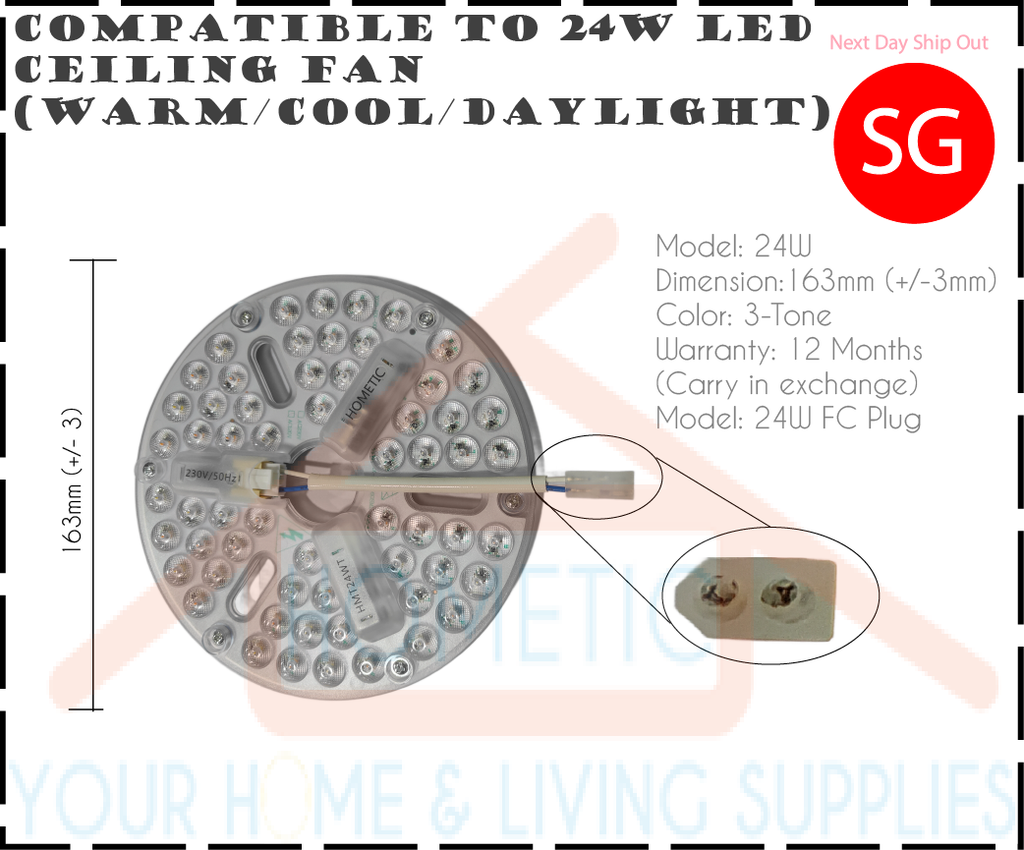 A 24W LED ceiling fan light kit shown from the back on a white background with text detailing its dimensions, color, and warranty. The circular silver metal plate features multiple LED light elements, a central mounting shaft, and a small inset circle showing the 2-pin plug with a white and blue wire