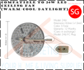 A 24W LED ceiling fan light kit shown from the back on a white background with text detailing its dimensions, color, and warranty. The circular silver metal plate features multiple LED light elements, a central mounting shaft, and a small inset circle showing the 2-pin plug with a white and blue wire