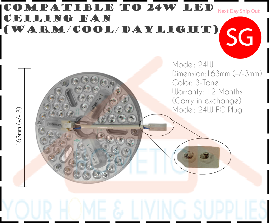 A 24W LED ceiling fan light kit shown from the back on a white background with text detailing its dimensions, color, and warranty. The circular silver metal plate features multiple LED light elements, a central mounting shaft, and a small inset circle showing the 2-pin plug with a white and blue wire