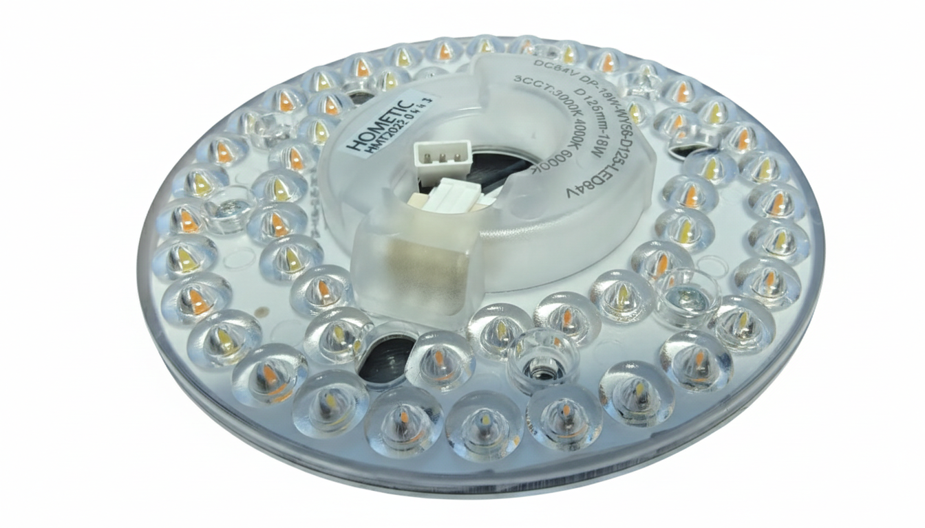 HFL84V LED replacement module for Glovosync ceiling fans. This circular 18W LED plate features a 125mm diameter, 48 LED chips in a dual-ring layout, and a 3CCT color tuning range (3000K, 4000K, 6000K). Compatible with DC84V systems, commonly used as a replacement for HFL84V 125mm or 163mm models