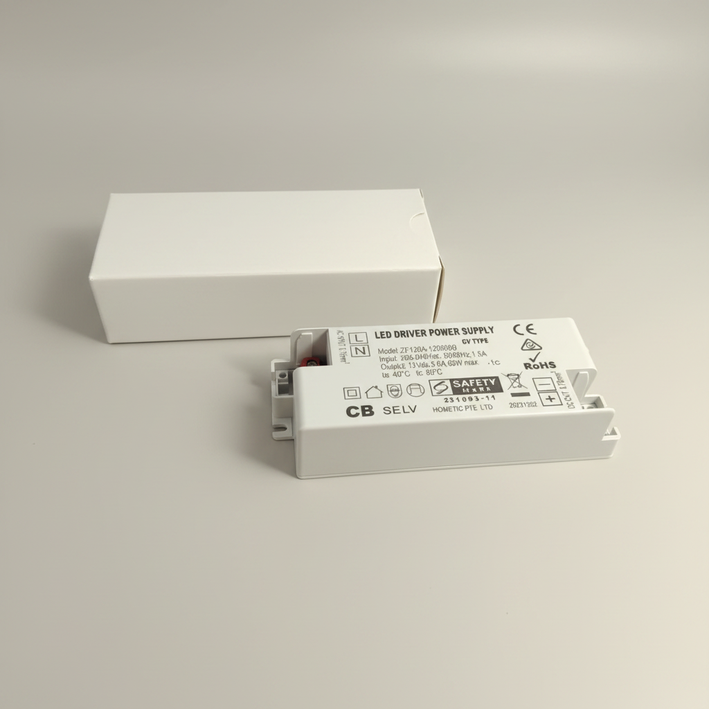 Hometic LED driver power supply ZF120A-1205000, 12V DC 5A 60W output, Safety Mark, RoHS and CE certified, label close-up