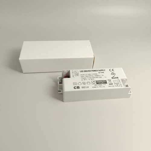 Hometic LED driver power supply ZF120A-1205000, 12V DC 5A 60W output, Safety Mark, RoHS and CE certified, label close-up