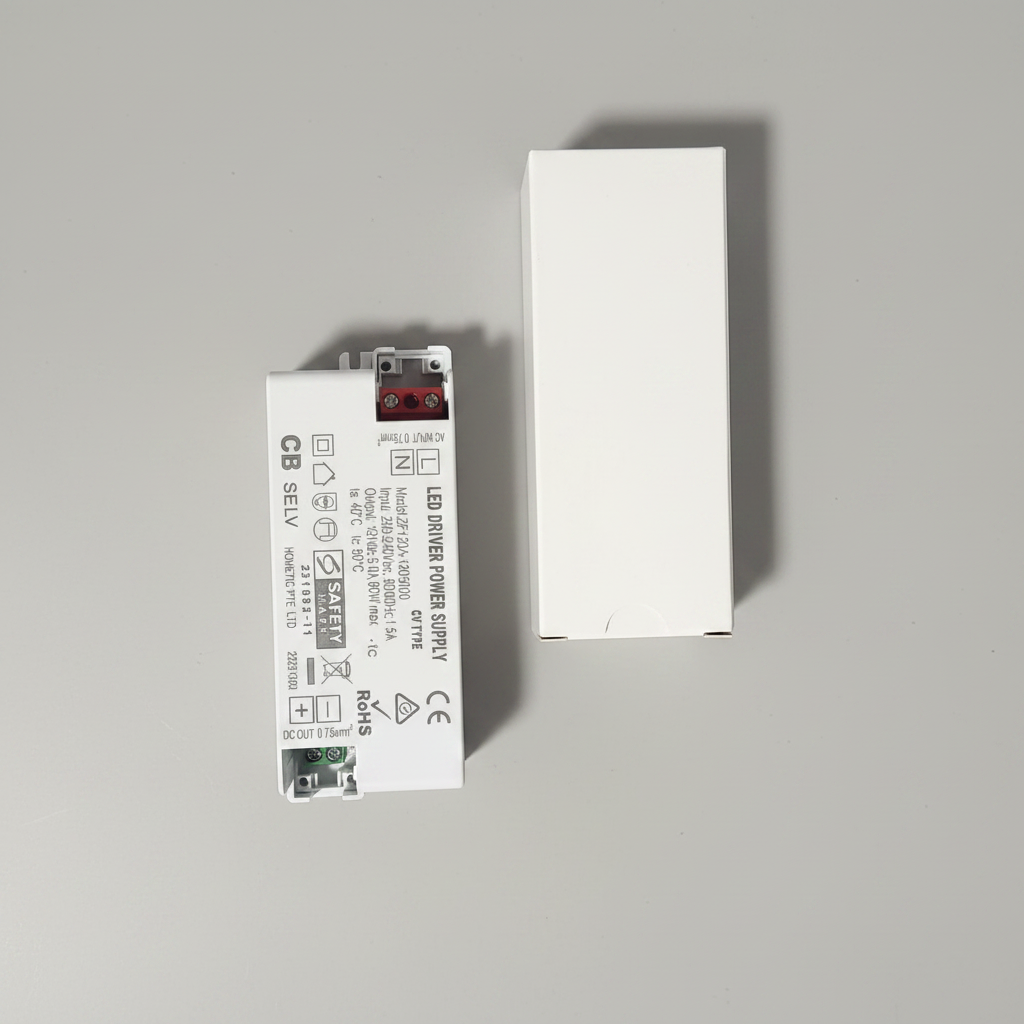 Hometic 12V 60W constant voltage LED driver power supply unit with white packaging box, top-down view