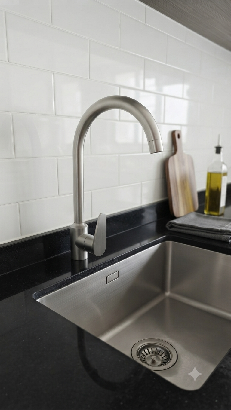 A modern stainless steel high-arc kitchen faucet installed in a black countertop sink with a white subway tile backsplash.