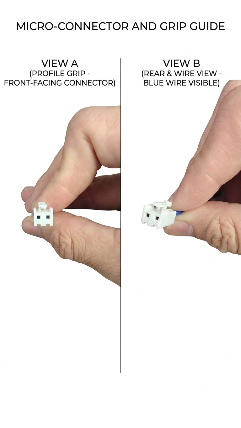 A hand-held product guide showing two views of a small white micro-connector with printed text labeled View A and View B on a white background.