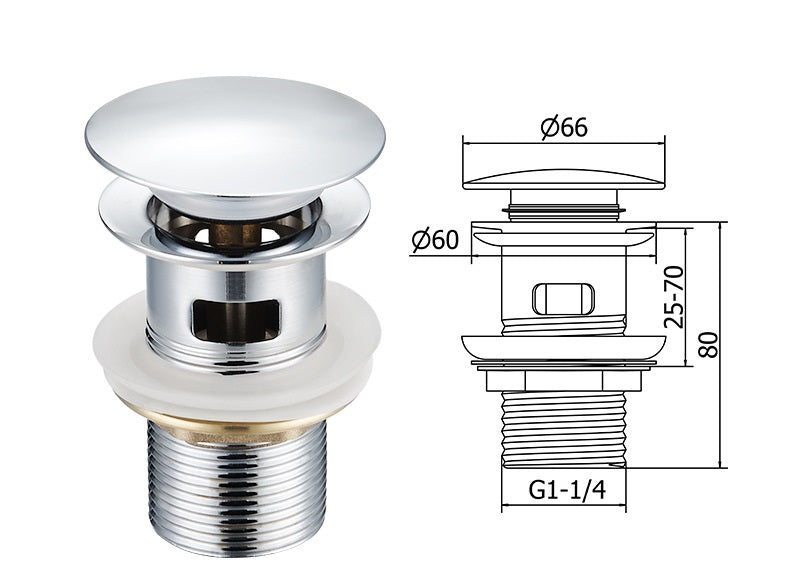 Waste Popup Stopper Big Cap MW01 Chrome with dimensions diagram