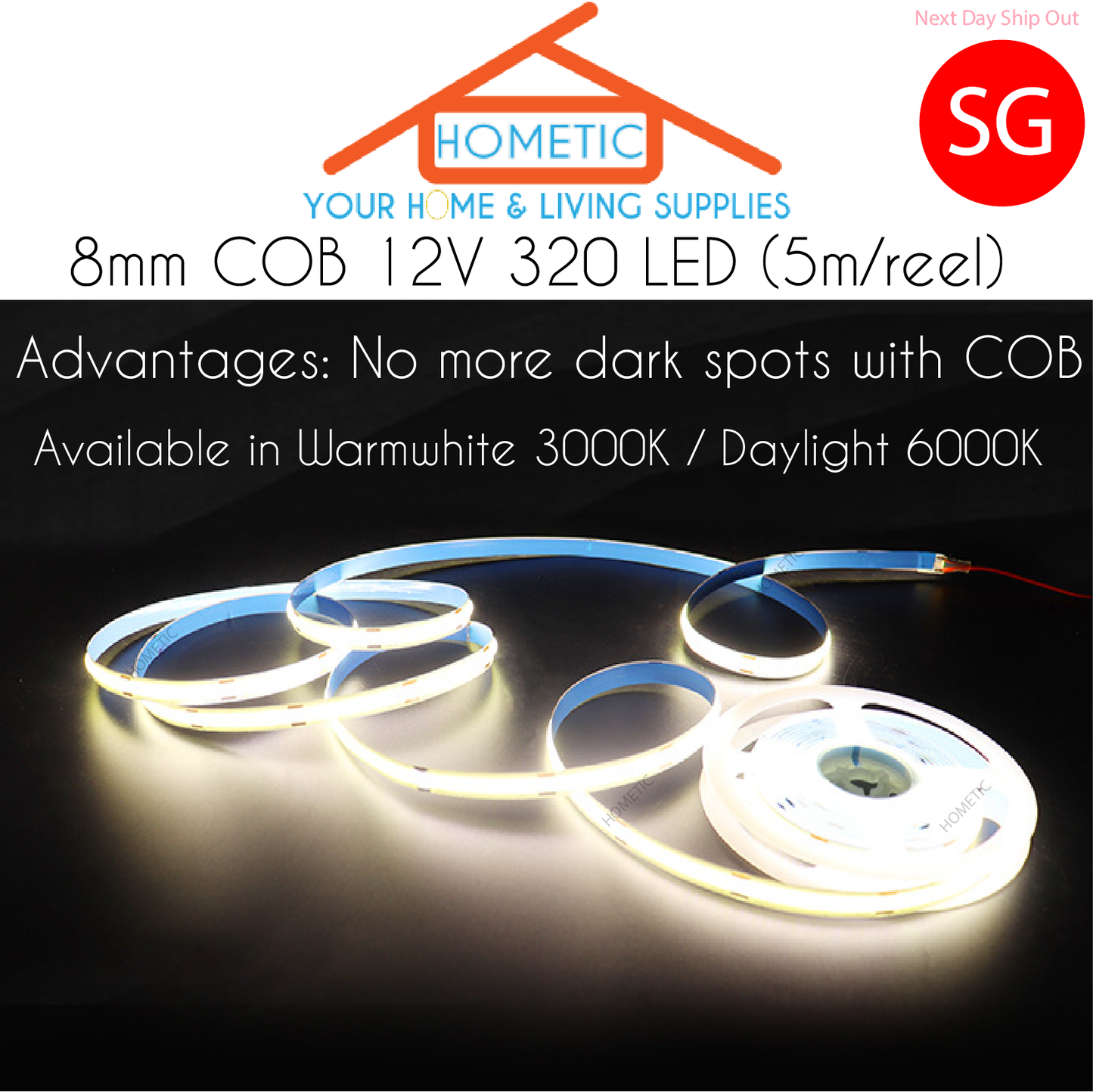 5M COB led light strip light continuous home cove wardrobe light ambient light 320LED 12V 8mm 60W 100W