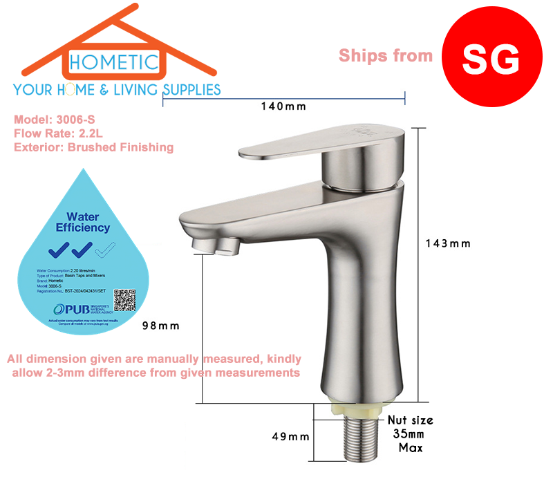 Stainless steel 304 basin tap with brushed finish for bathroom and kitchen
