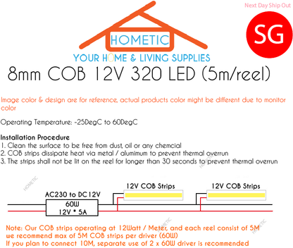 5M COB led light strip light continuous home cove wardrobe light ambient light 320LED 12V 8mm 60W 100W