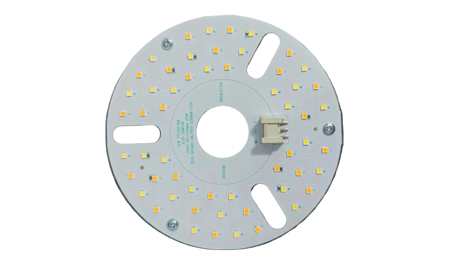 A circular LED light board with multiple small yellow LED chips on a white circular base, featuring a central hole, mounting slots, and a small connector component, use in prism ceiling fan light