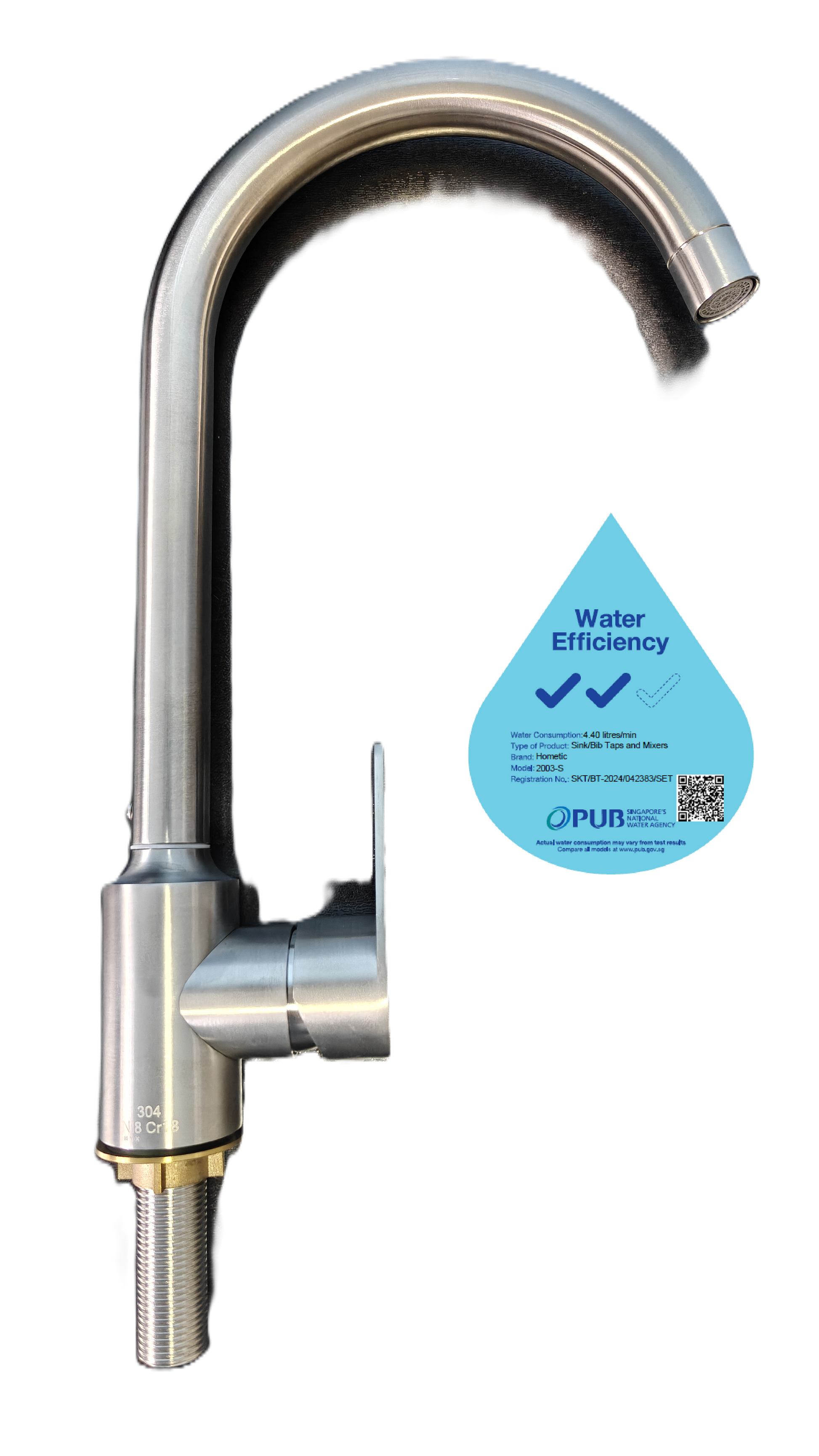 Stainless steel kitchen faucet with water efficiency label on a white background