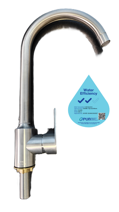 Stainless steel kitchen faucet with water efficiency label on a white background