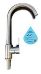 Stainless steel kitchen faucet with water efficiency label on a white background