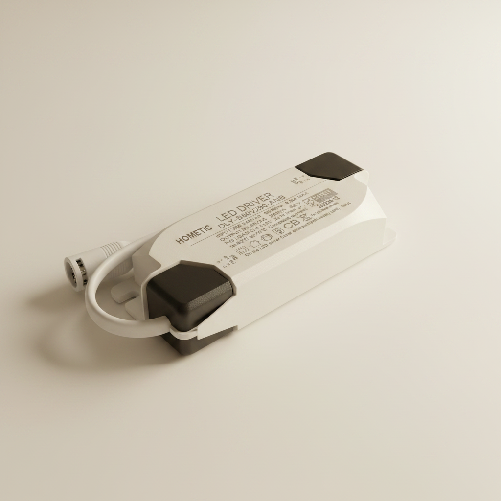 A white Hometic LED driver power supply with black terminal covers and a white cable, photographed on a clean, light beige background.