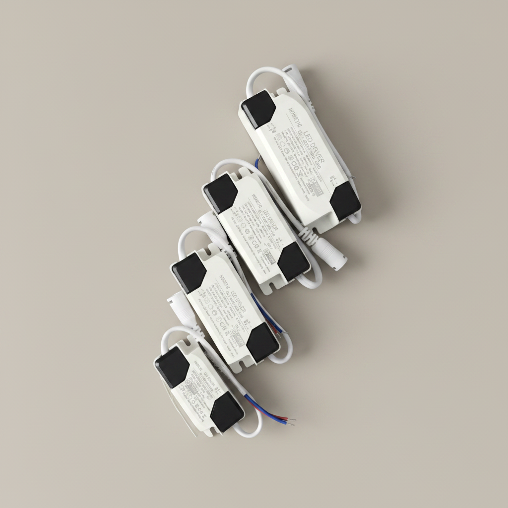 Four white electronic power adapters with black corner protective caps and attached white cables, arranged diagonally on a solid beige background.
