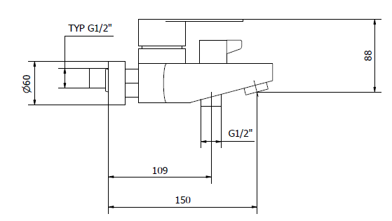 Technical specifications for shower mixer tap showing 150mm spout reach, 88mm height, and G1/2 inch standard connections.
