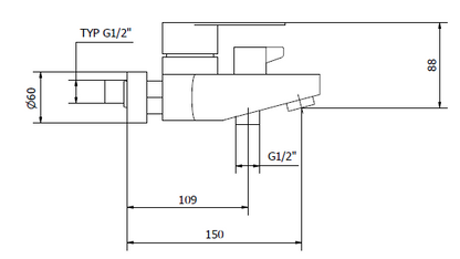 Technical specifications for shower mixer tap showing 150mm spout reach, 88mm height, and G1/2 inch standard connections.